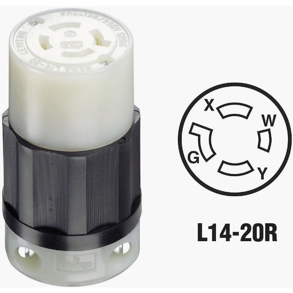 Leviton Locking Connector, L14-20R, 20 A, 125/250V AC, Single Phase, 3 Pole, Screw Terminals, Black, White 121-02413-0PB - main